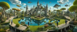 Mr Salvador Dali and Mr Hieronymus Bosch at an outdoor surrealist Escher-style garden with many garden paths and perspective inversions, a small flock of dream-like sky-fish swim high in the far distance, surreal outdoor summer countryside scene with intricate fractal sky, very high detail, photoreal, epic cinematic, 8K, Large depth of field