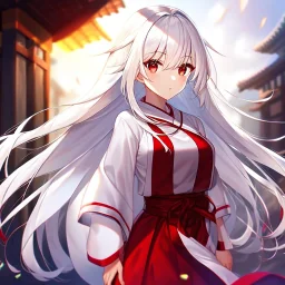 girl, masterpiece, best quality, cinematic lighting, detailed outfit, perfect eyes, long hair, white hair, vibrant red eye, two tone hair, miko