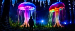 Bigfoot epidemiologist investigating, closeup, giant bio luminous Rainbow floating high JellyFish, light floating in a forest, mist, light trails, nighttime, long exposure, Treeline, Alberta, scientist, Dystopian, Hyper detailed, Realistic, Extreme depth of field, bokeh blur, Alberta all-natural, National Geographic, in the style of candid, imperfection, natural lighting, cinematic, Fuji Film, Anamorphic lens, 2040s, --ar 4:5 --w 150 --style ra