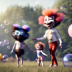 Ultra realistic circus scene. Sweet hair monster and Child’s playing, smile, happy, color bubbles, smooth color, waist up view, Wes Anderson style, dark ambient, highly detailed, concept art, unreal engine 5, god rays, ray tracing, RTX, lumen lighting, ultra detail, volumetric lighting, 3d, finely drawn, high definition, high resolution.