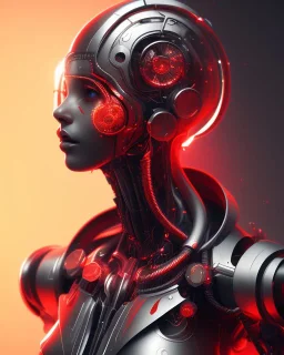 A beautiful portrait of a cyborg women red color scheme, high key lighting, volumetric light high details psychedelic background