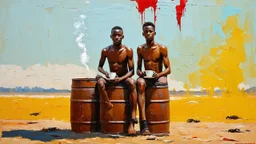 minimalist acrylic impasto painting of two skinny tall young black Somali neighbors sitting on rusty oil barrels drinking steaming coffee, wide angle, dynamic crude brush strokes, dusty yellow heat mood, peaceful vibe, tribal vibe, amazing reflections, amazing verticals, great parallels, warm shades of yellow, orange, green and black with sparse deep red leaks, afrofuturism, vibrant nighthawk people on a black wall, rusty village decay, arafed doors