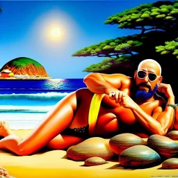 Drawing of 'Master Roshi' beach, island ,Kame House,painting by Earl Norem, simon Bisley,frazetta,Howard,西嘛哒, evan lee, Vallejo,kelly oil on canvas, cinematic composition, extreme detail,fit full body inside picture,8k