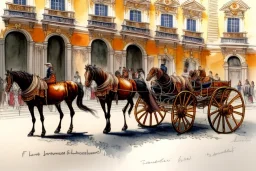 A fiacre landauer carriage with two lightbrown horses is sting in front of the Hofburg, Vienna. Aquarell