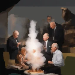 Putin, President Xi Of China And Joe Biden Play Chess With Atomic Bomb Mushroom Cloud,Complex Surgical Instruments Intermixed With A Newborn Boy,Minimalism,Painting By Adrian Ghenie,Rene Magritte,Pablo Picasso,Michelangelo,Salvador Dali,Lucian Freud