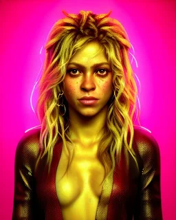 portrait, Shakira, blonde artist, Realistic image, drinking a strawberry milkshake, gold line make-up, sweat, fog, goddess style, Neon colors, leds. Black background, photo studio, concept art, smooth, unreal engine 5, god lights, ray tracing, RTX, lumen lighting, ultra detail, volumetric lighting, 3d, finely drawn, high definition, 4k.