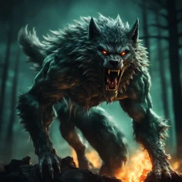 bloodthirsty angry savage werewolf howling at the moon, full muscular body with shreaded cloths, large claws, sharp teeth, detailed shiney fur, glowing angry yellow eyes raged with fury, night forest with gloomy dark teal and green colors, fire sparkle particles, dark tone, sharp focus, high contrast, 8k resolution, shallow depth of field, dramatic lighting, intricate details, clean environment