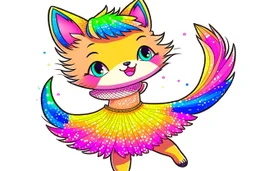 a cute fluffy chibi cat dancer in metallic silky shined colourful dress dynamically dancing and throwing up shiny metallic glitters