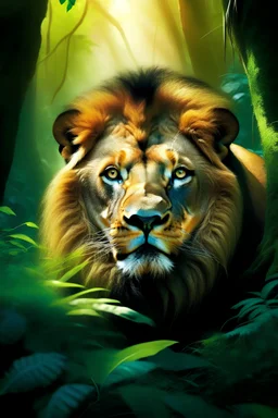 Colorful front cover image of lion inside deep forest