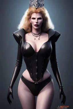 Kim Basinger as evil queen in black leather, busty, cleavage, curvy, angry, happy, stern look. character design by cory loftis, fenghua zhong, ryohei hase, ismail inceoglu and ruan jia. unreal engine 5, artistic lighting, highly detailed, photorealistic, fantasy