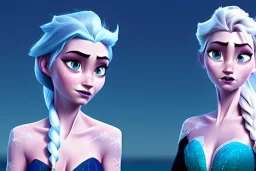 Elsa, from the movie "Frozen", Beach, Babe, White curly hair, blue bikini, Blue eyes by J scott campbell