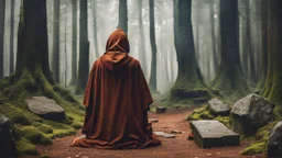 hooded monk before stone altar in the forest