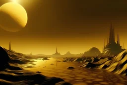 Paisaje en la luna Titán, luz cálida, ciudad, naves espaciales, ríos de metano, meláncolico. Estilo SCI FI