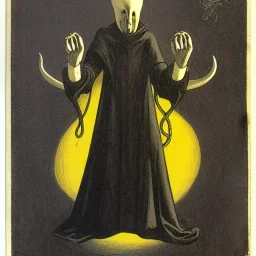 Russian Orthodox nosferatu with five yellow eyes and tentacle beard and long arms and fingers and a horns