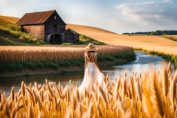 wide angle shot of golden wheat field next to river ,a watermill on river, a beautiful girl in pretty long dress walking in