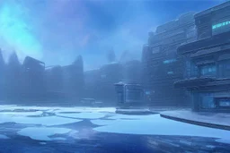 cyberpunk buildings near the frozen lake, winter, tendency to science fiction, realistic vision, impressionism painting