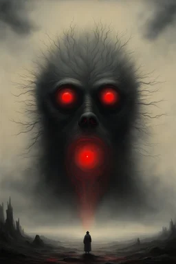 vaporous creature made with electric interferences and two red eyes ; style david caspar Friedrich