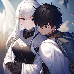 Girl with white hair wearing white robes. Boy with messy black hair wearing leather armor