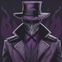 warlock, black mask with ash purple patterns, black trench coat with ash purple patterns, dark, ominous, ash purple, grey background, profile picture, simplistic design, black hat