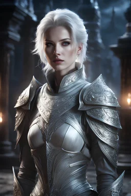 beautiful female ghost, short messy ashen hair, pale grey eyes, transparent pale skin, dressed in a ghostly light armor, standing in an old outside temple, realistic, nightime, moon light, sexy, cinematic lighting, highly detailed face, very high resolution