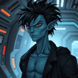 A masculine blue-skinned alien, messy black hair and red eyes, intricately detailed, standing in a futuristic room, handsome, intricately detailed, well built, stocky, wearing a black jacket, confident