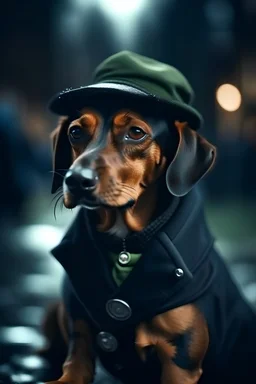 primer plano de un perro salchicha detective con sobretodo verde oscuro, policial negro, fondo de paisaje urbano, húmedo y oscuro, contraluz, atmosfera de misterio