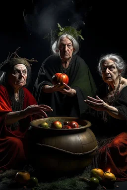 The three witches from macbeth sitting around a streaming cauldron, one dressed as lady macbeth offering a crown, the middle one dressed as a Spanish gypsy offering herself and the last one naked apart from a fig leaf in her lap holding out an apple