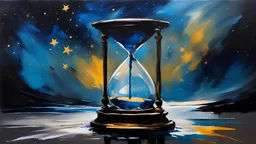 acrylic illustration, acrylic paint, oily sketch, ral-dissolve, A beautiful hourglass that is dissolving with time,dark starry sky,shimmering light,, by [Iryna Yermolova | Conor Harrington]