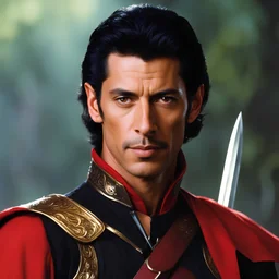 Young Jeff Goldblum with no glasses as a golden skin color fantasy elf with black hair wearing a red tunic and holding a black dagger in left hand