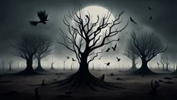 Birds and trees in alternative surreal barren, dry, gloomy world, nightmare in abyss, deep vortex, ,noir, surreal, dark mood, weird dark fantasy, deep dark colors, sharp lines, crepy stunning, high detalied, weird, fog, shadows, realistic, surreal, highly detailed, melancholic thriller mood