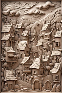Photograph of a village in surreal style decal bas-relief