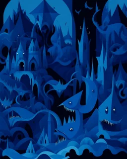 A dark blue demonic realm with jagged shapes in Dadaism art style