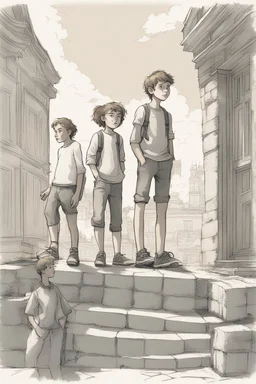 Ilustracja na okładkę książki dla młodzieży, przedstawiająca trójkę głównych bohaterów - dwóch braci i dziewczynę w wieku 13-16 lat, stojących na tle panoramy Słupska. Bohaterowie ubrani są w współczesne, młodzieżowe stroje i mają zaciekawione, pełne przygody wyrazy twarzy. Na pierwszym planie, u stóp bohaterów, siedzą trzy czarne koty