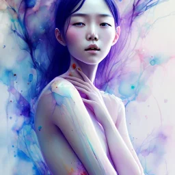 Asian woman, leaning pose, realistic body, latex suit, watercolor illustration by <agnes cecile>, full body,