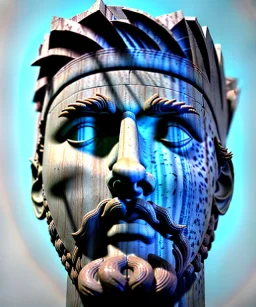 Ultra Realistic image, roman sculpture, marble deluxe material, Lionel Messi, Laurel leaves crown model, miguel angel style, chisel style, wide stripes blue paint, emperador, waist up portrait, cinematic lighting, God light, god rays, 4k resolution, smooth details, ornate details, soft lighting, unreal engine 5, sky background.