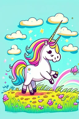 kids illustration, a cute unicorn playing in field, cartoon style, thick line, low details, vivid color