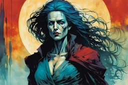 create an imaginative full body print illustration of an ethereal, otherworldly gaunt and withered ancient Romanian female Strigol vampire , in the comic book art style of Bill Sienkiewicz, Mike Mignola, and Jean Giraud Moebius, with highly detailed feminine facial features