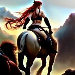 ultra detailed portrait of beautiful Red Sonja riding an arabian horse,wearing plate armor, extremely detailed digital painting, in the style of Earl Norem and fenghua zhong and ruan jia and jeremy lipking and peter mohrbacher, mystical colors, rim light, beautiful lighting, 8 k, stunning scene, raytracing, octane, trending on artstation