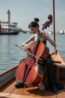 The whole body of Maniquí de glassy Artist mader playing the cello on boat