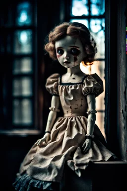 looking at the camera a high realistic porcelain doll, old, dirty with old dress, sitting on shelf, in background blur cracked window. The figure has cracked face and head, and big black eyes. High contrast, cinematic, thriller, dark, atmospheric. Surreal style , perfect composition, sharp focus, intricate details, crepy stunning