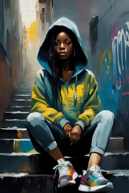 black woman, 24yo sitting wearing a hoodie, on a stair step in an alley with lots of graffiti in the background :: dark mysterious esoteric atmosphere :: digital matt painting with rough paint strokes by Jeremy Mann + Carne Griffiths + Leonid Afremov, black canvas