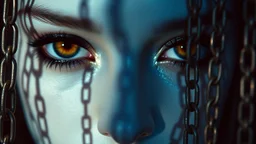 close up pale blue-white face with black-dark gold eyes with black shadow, detail face,, deep blue abyss, void vibe,, vertical shadows of five chains projected on her face, crepy stunning, surreal vibe with dark shadows