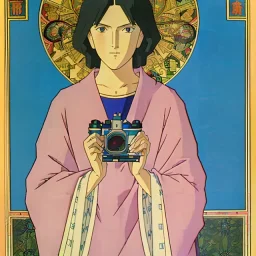 patron of photographers. holding a camera in hands. orthodox icon with saint photographer. Cyrillic inscriptions. hyperdetailed, Alphonse Mucha, Zdzisław Beksiński, poster, illustration, ink, oil on canvas, 18th century atlas