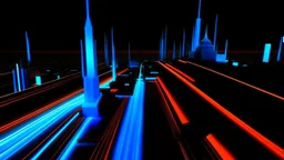 tron legacy movie, city, blue, red and orange,