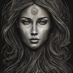 create a haunted female disembodied spirit with highly detailed, sharply lined facial features, , finely drawn, boldly inked, in dark ethereal colors, otherworldly and beautiful
