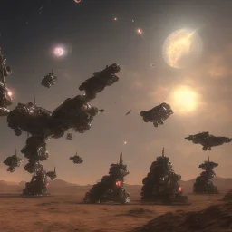 Armored Core fly in the sky in the desert with beside the ocean where you can see the space in the sky with twilight on the horizon, 4k resolution