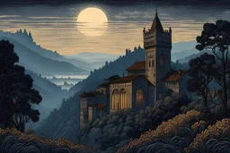 museum quality color woodcut landscape of a dark and foreboding medieval Italian tower house thickly veiled in dense fog , with highly detailed stonework in 10th century Florence , at midnight, in the style of Gustave Baumann, with a fine art aesthetic, highly detailed, finely cut ,8k render,