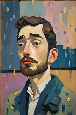 Euan Uglow-Ludwig Bemelmans oil painting, Otherworldly, young beautiful a dreaming young in Retro night lights, сute beard guy, cries suffering looks behind, tufting tapestry in NY, at the camera at half height, pastel color puffy and wool textures fashion, stormy day rainy, By Serjei Parajanov movie still