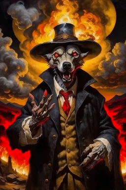 doggy. offensive . smoker He wears his hat. Long jacket. road . fingers. ghosts demons tears . blood. shouting . fog . bloody moon Hell . volcano . fire . Old fashioned torn oil painting.