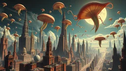 a stunningly weird image of a futuristic metropolis using Salvador Dali's paranoiac-critical method, where buildings and structures appear to melt into the skyline like melting ink. The cityscape is filled with floating medusas and mad, twisted shapes that interact with the buildings and each other, forming a surreal tableau of a dreamlike reality. Capture the essence of the scene in a cinematic manner, with dramatic shadows and vibrant colors that enhance the distorted perspectives and bizarre